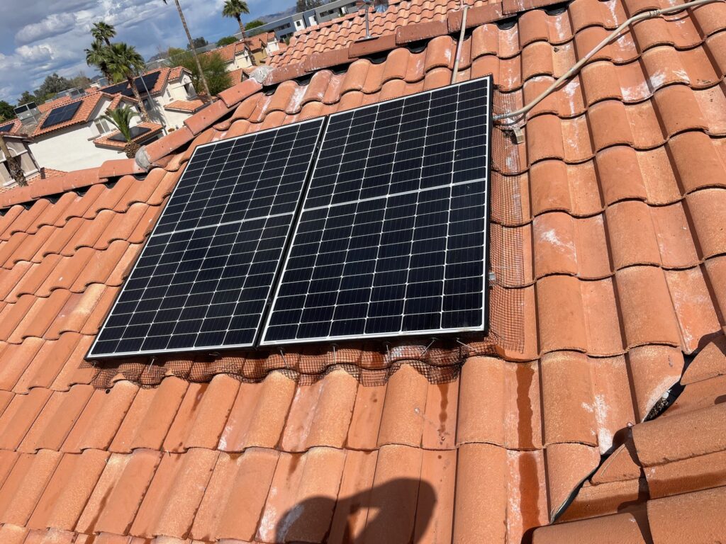 Solar-Panel-Bird-Proofing-Mesh-scottsdale-AZ-Installation - depalmasresidentialservices.com Mesh solar guard installed on rooftop solar panels to prevent pigeon nesting in Phoenix, Az.